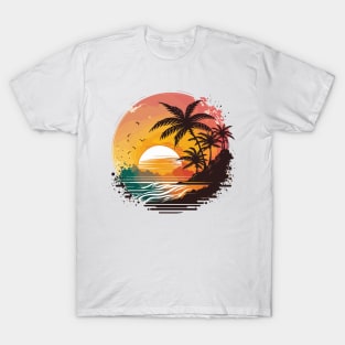 Summer Sunset Palm Tree Beach Ocean Artistic Paradise T-Shirt